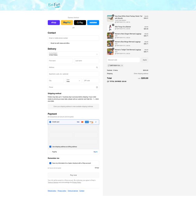 Fin Fun Mermaid checkout page showing Fin Fun Mermaid discount code box | Screenshot taken by SimplyCodes community member on Aug 31, 2025
