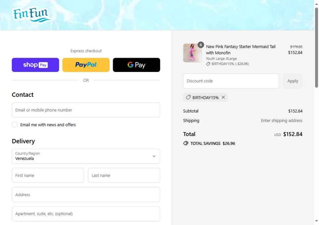 Fin Fun Mermaid checkout page showing Fin Fun Mermaid discount code box | Screenshot taken by SimplyCodes community member on Aug 27, 2025