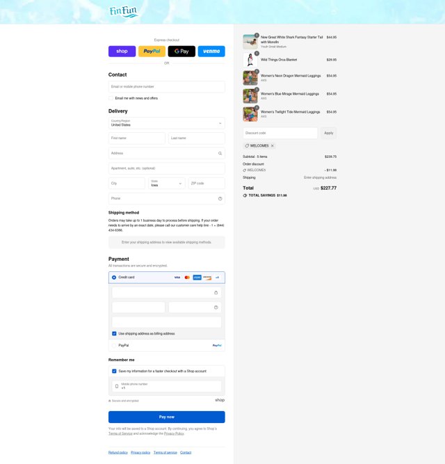 Fin Fun Mermaid checkout page showing Fin Fun Mermaid discount code box | Screenshot taken by SimplyCodes community member on Aug 31, 2025