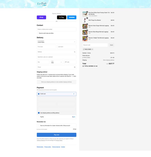 Fin Fun Mermaid checkout page showing Fin Fun Mermaid discount code box | Screenshot taken by SimplyCodes community member on Sep 4, 2025