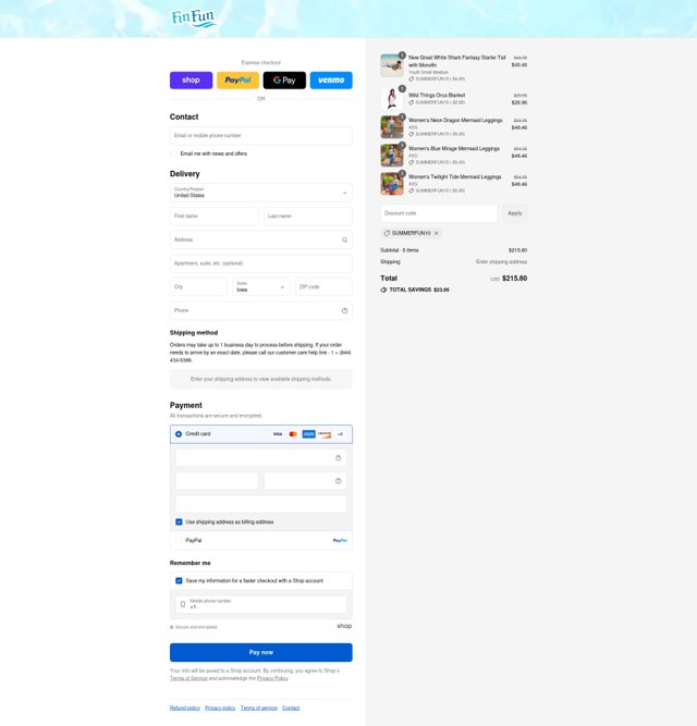 Fin Fun Mermaid checkout page showing Fin Fun Mermaid discount code box | Screenshot taken by SimplyCodes community member on Aug 31, 2025