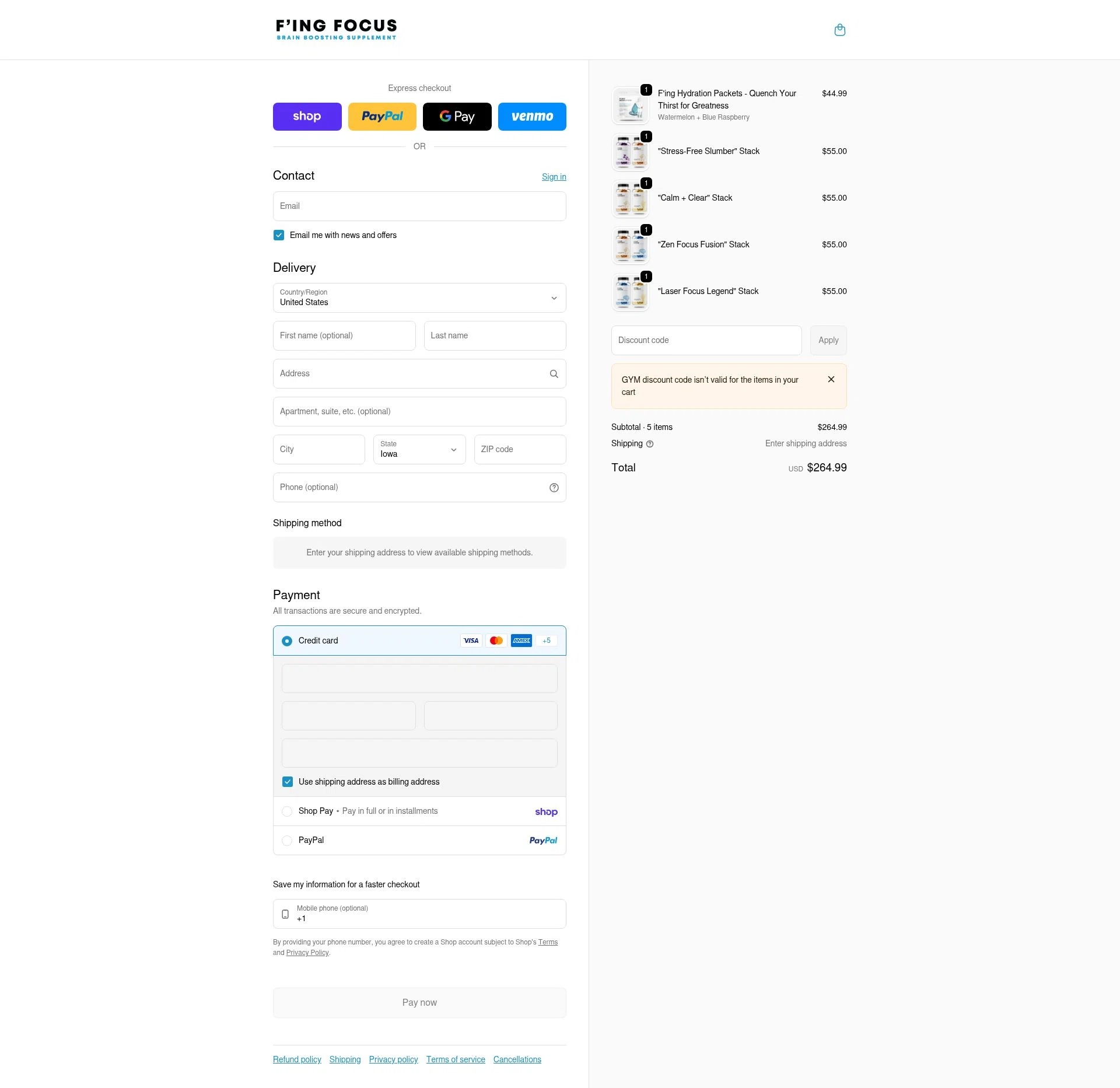 Fing Focus checkout page showing Fing Focus discount code box | Screenshot taken by SimplyCodes community member on Feb 10, 2026