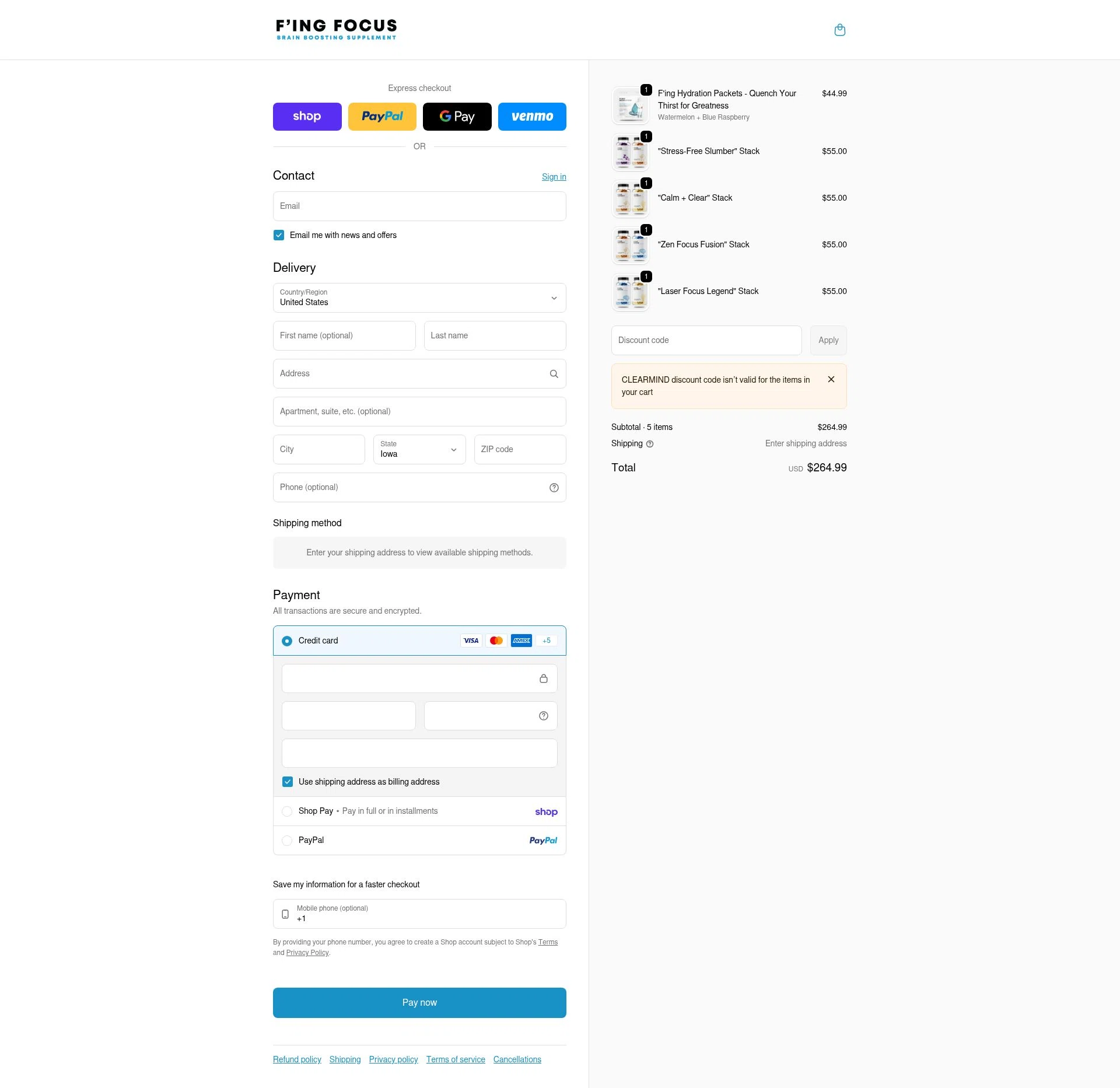 Fing Focus checkout page showing Fing Focus discount code box | Screenshot taken by SimplyCodes community member on Feb 10, 2026