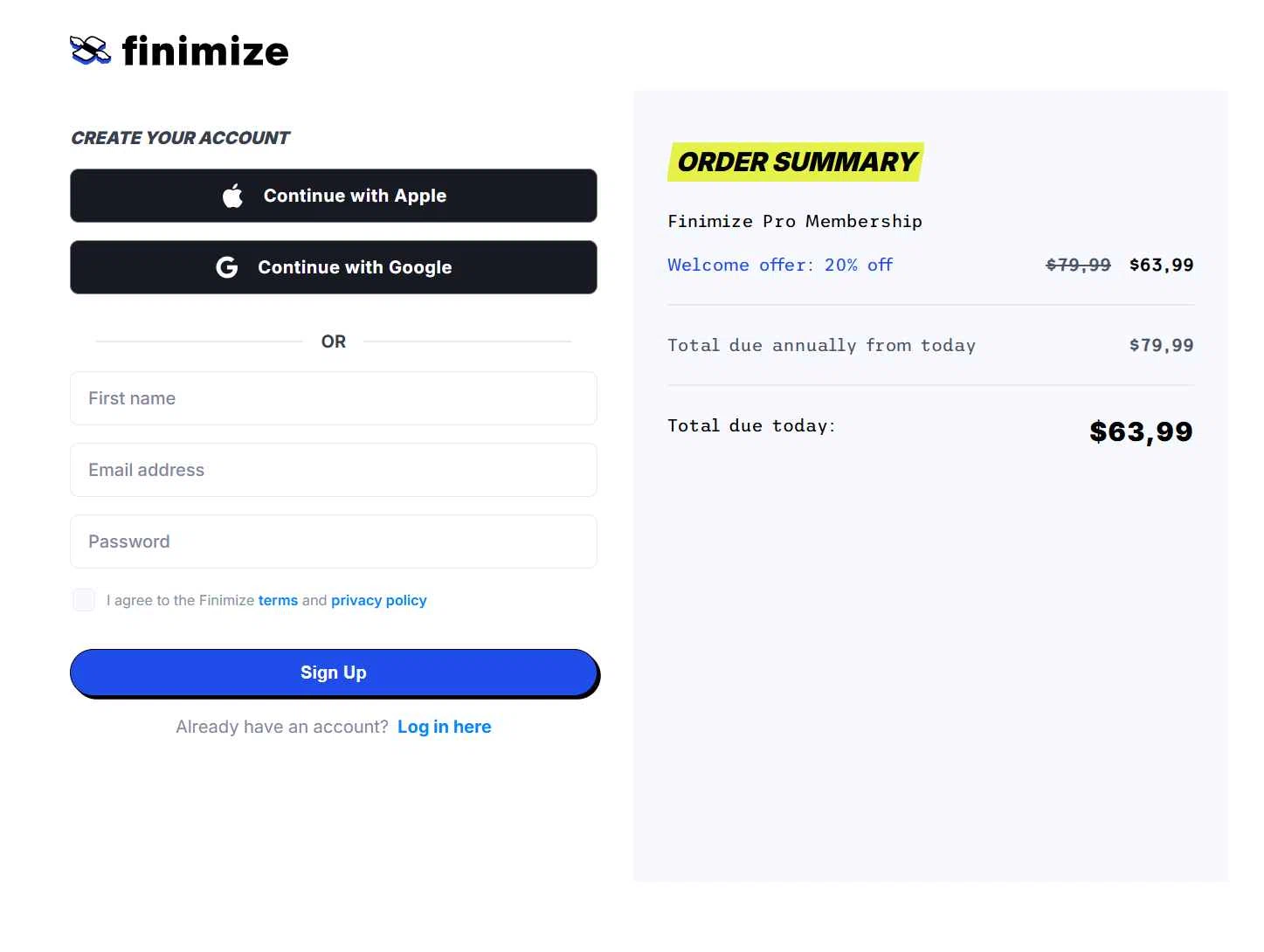 Finimize checkout page showing Finimize promo code box | Screenshot taken by SimplyCodes community member on Apr 26, 2025