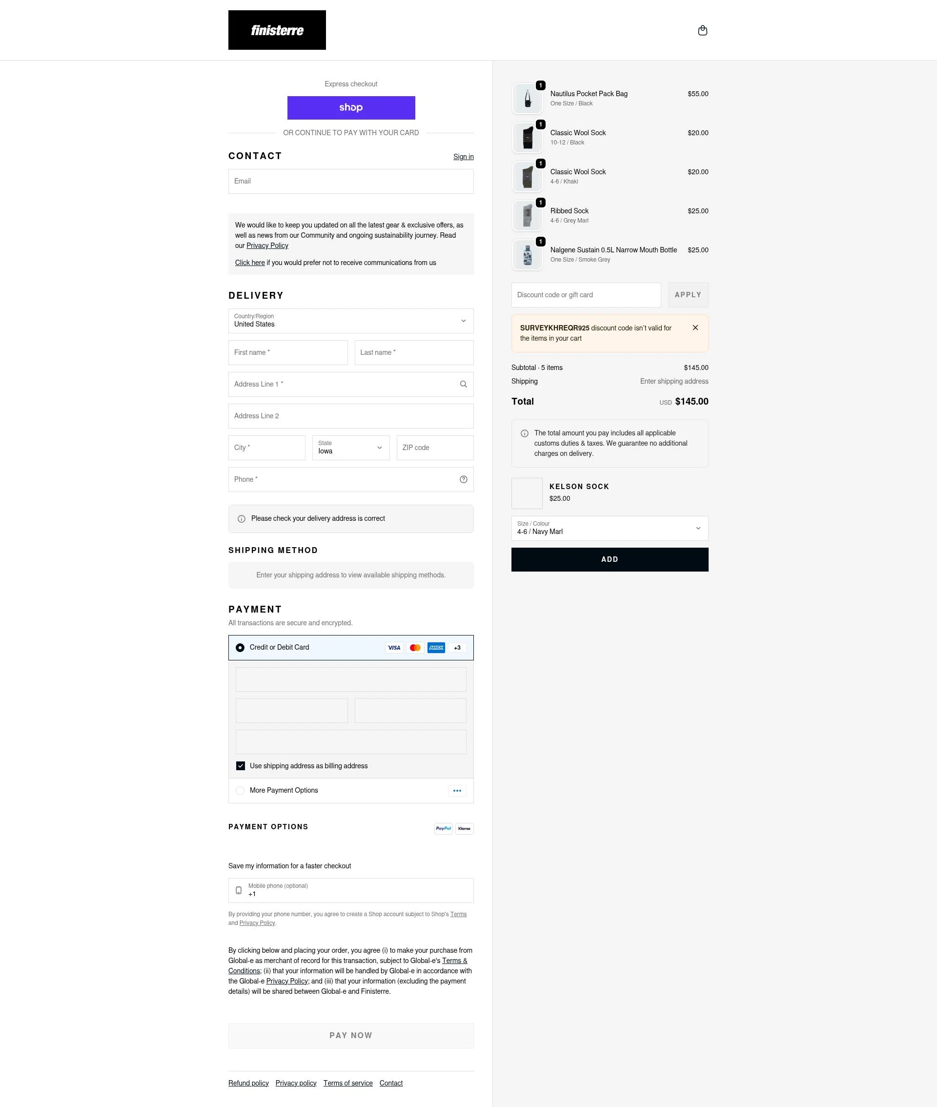 Finisterre checkout page showing Finisterre discount code box | Screenshot taken by SimplyCodes community member on Feb 20, 2026