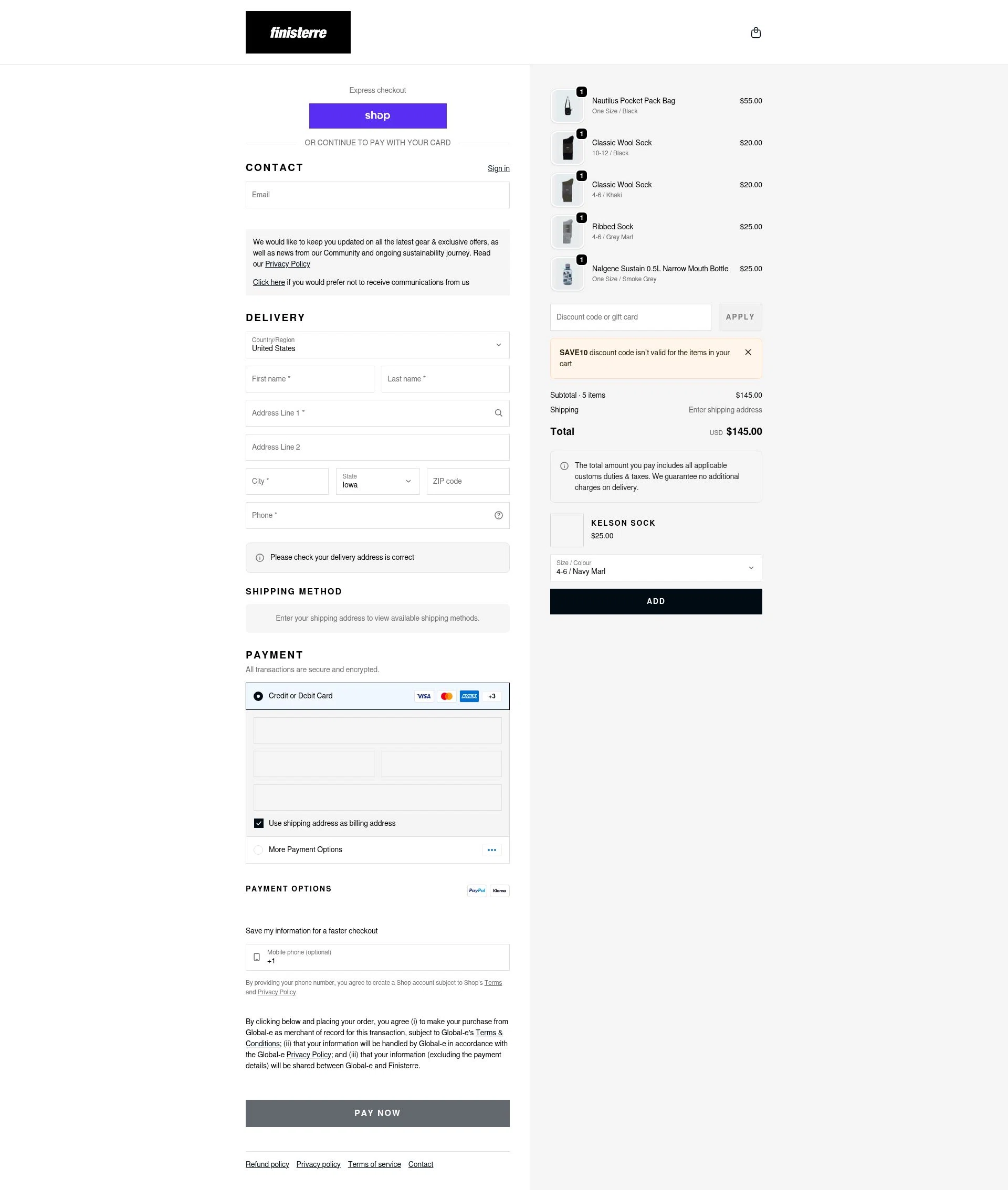 Finisterre checkout page showing Finisterre discount code box | Screenshot taken by SimplyCodes community member on Feb 20, 2026