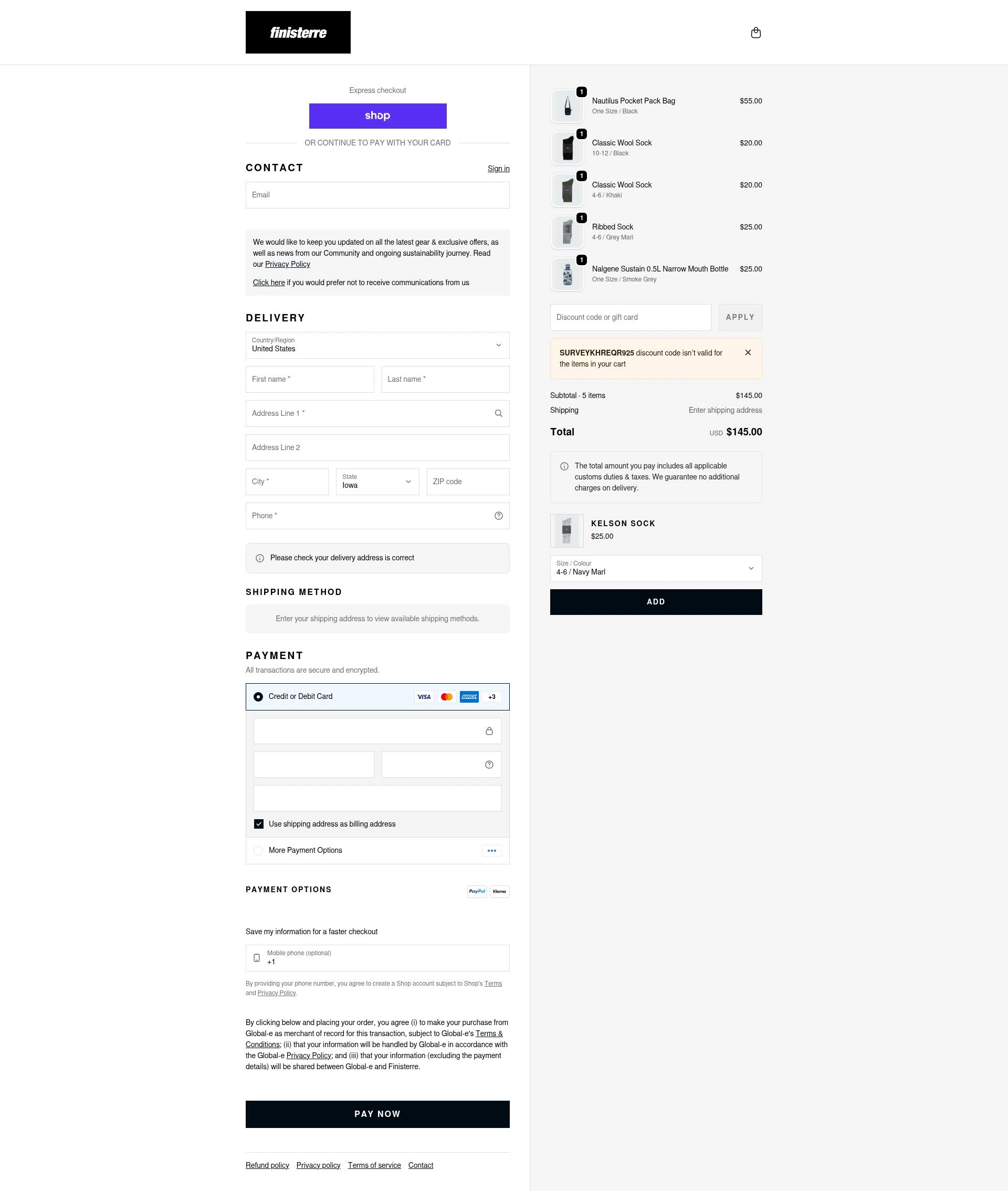 Finisterre checkout page showing Finisterre discount code box | Screenshot taken by SimplyCodes community member on Feb 15, 2026