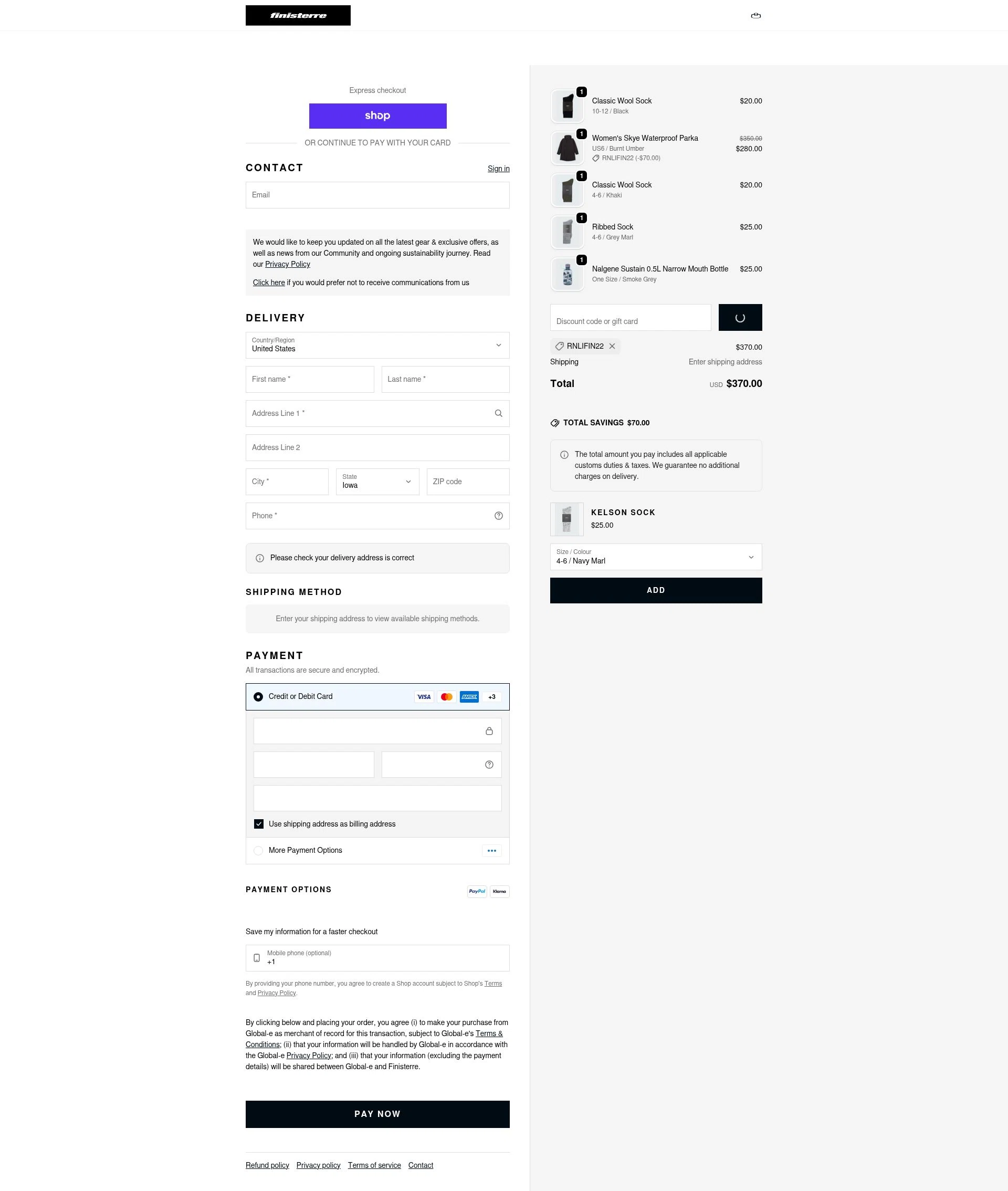 Finisterre checkout page showing Finisterre discount code box | Screenshot taken by SimplyCodes community member on Feb 13, 2026