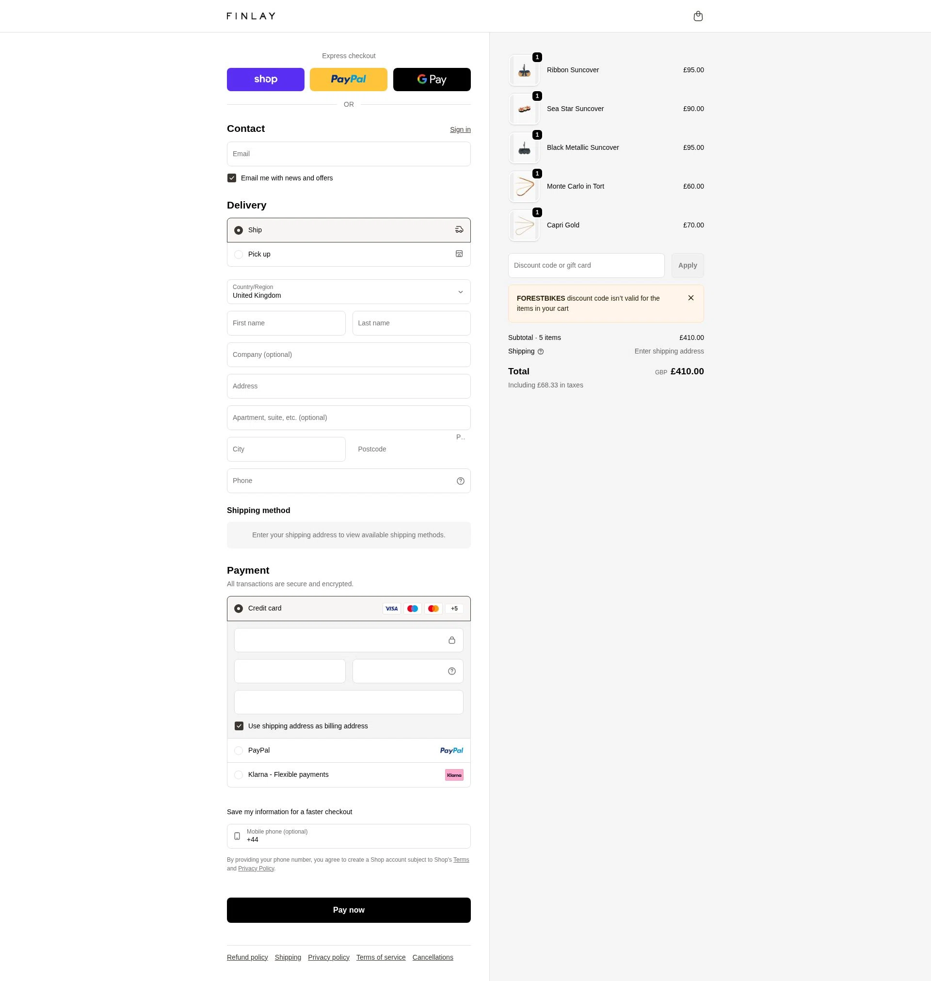 Finlay checkout page showing Finlay discount code box | Screenshot taken by SimplyCodes community member on Feb 17, 2026