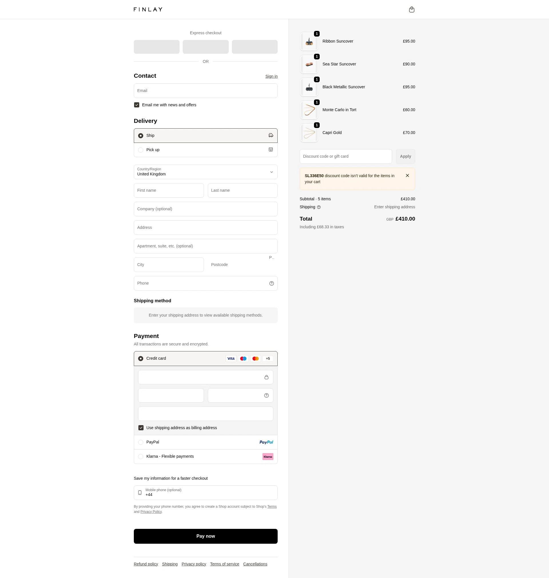 Finlay checkout page showing Finlay discount code box | Screenshot taken by SimplyCodes community member on Feb 22, 2026
