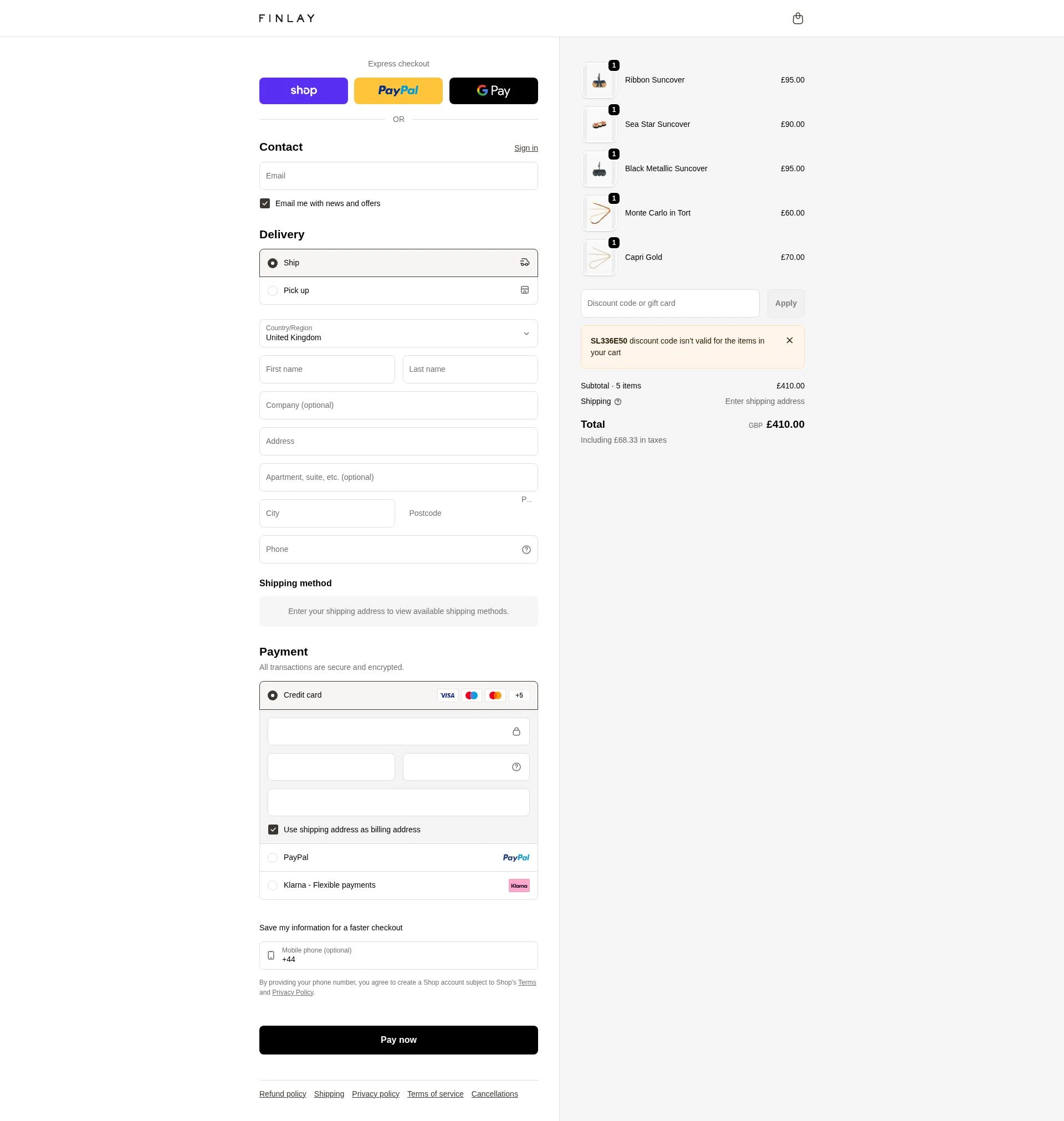 Finlay checkout page showing Finlay discount code box | Screenshot taken by SimplyCodes community member on Feb 4, 2026