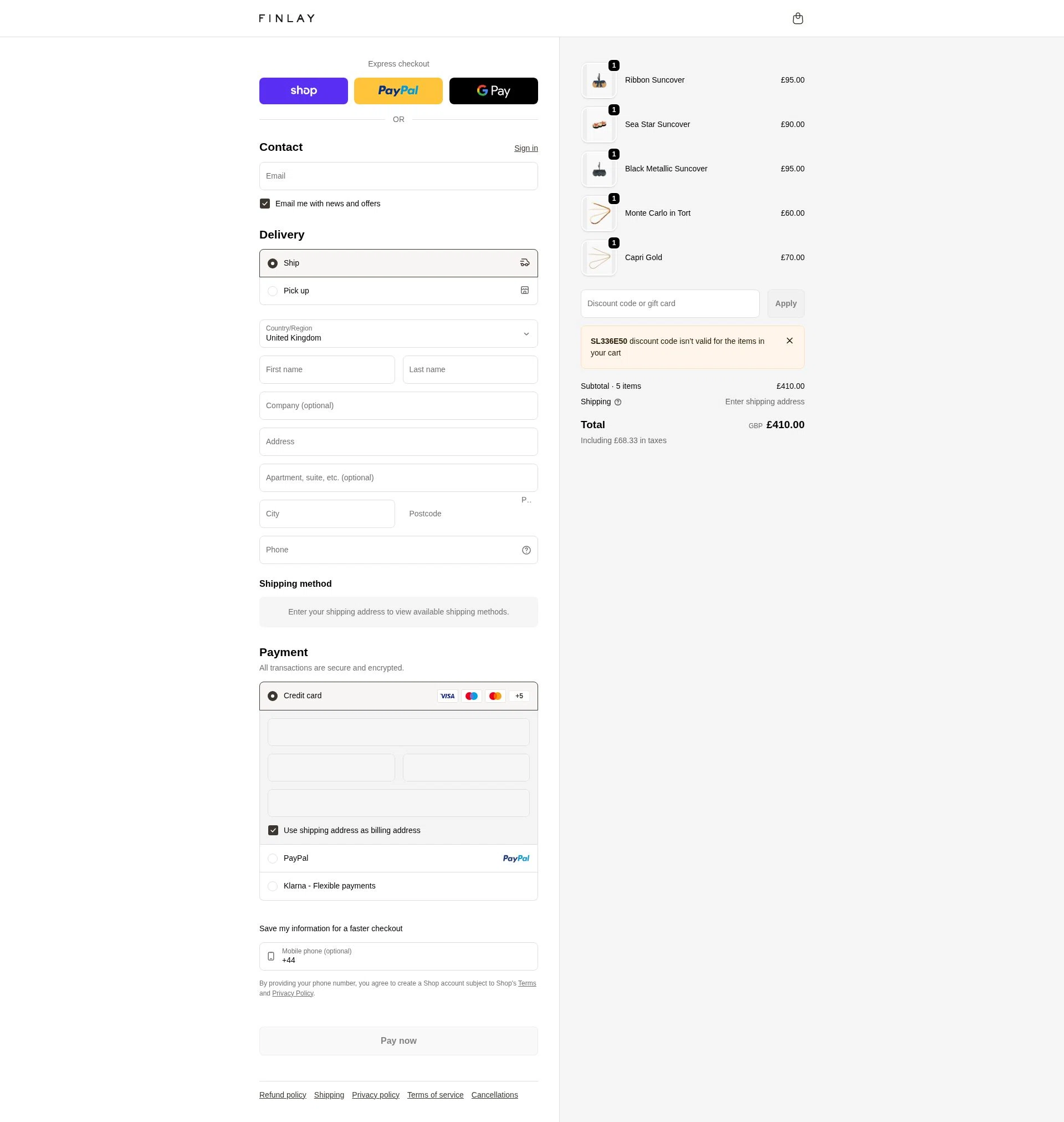 Finlay checkout page showing Finlay discount code box | Screenshot taken by SimplyCodes community member on Feb 8, 2026