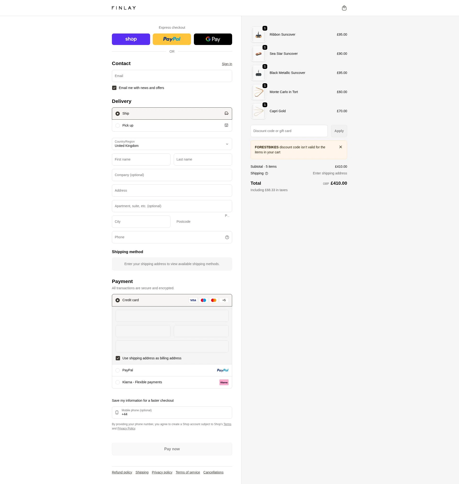 Finlay checkout page showing Finlay discount code box | Screenshot taken by SimplyCodes community member on Feb 8, 2026