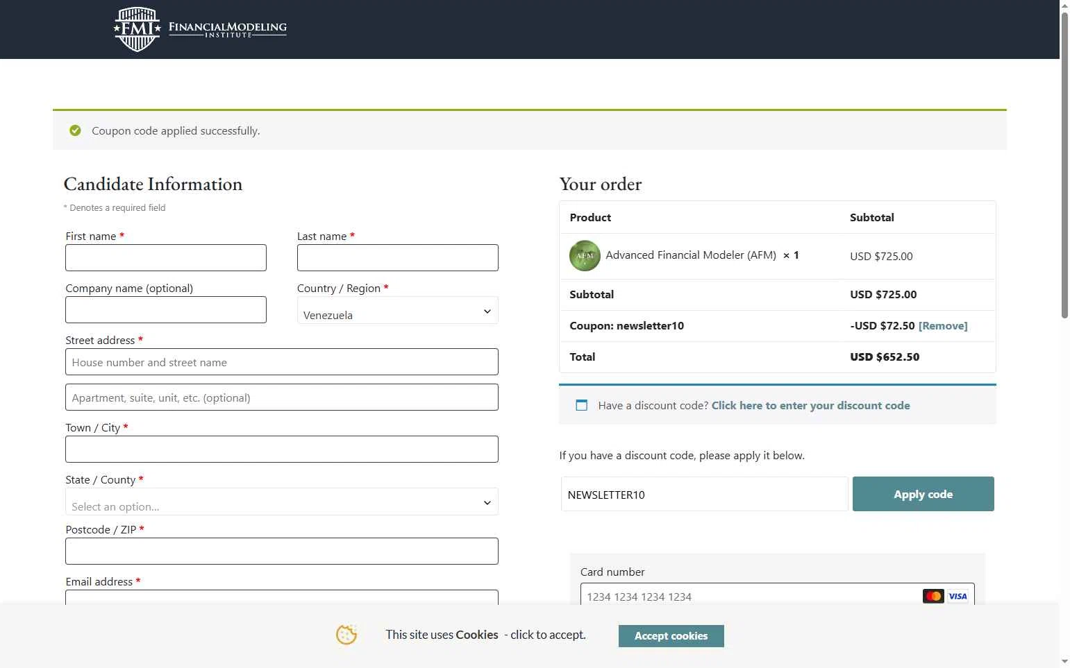 Financial Modeling Institute checkout page showing Financial Modeling Institute promo code box | Screenshot taken by SimplyCodes community member on Jul 18, 2025