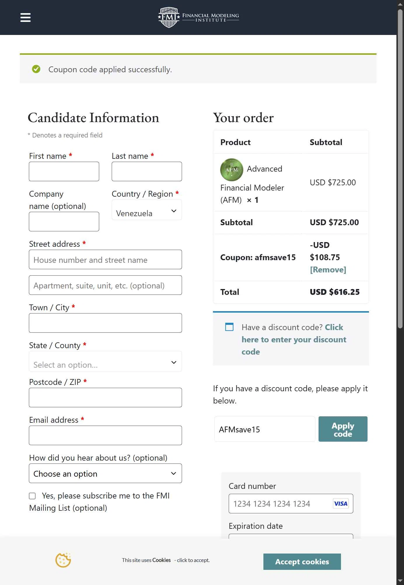 Financial Modeling Institute checkout page showing Financial Modeling Institute promo code box | Screenshot taken by SimplyCodes community member on Aug 23, 2025