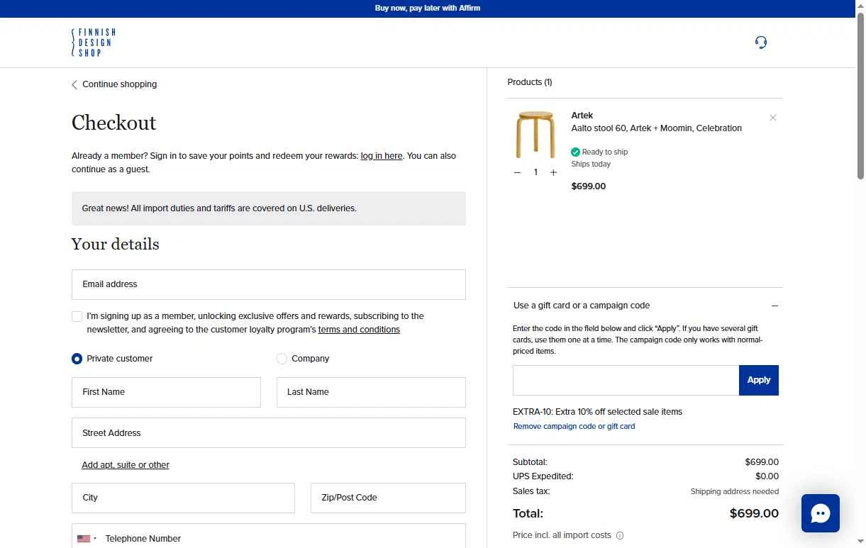 Finnish Design Shop checkout page showing Finnish Design Shop discount code box | Screenshot taken by SimplyCodes community member on Jun 16, 2025