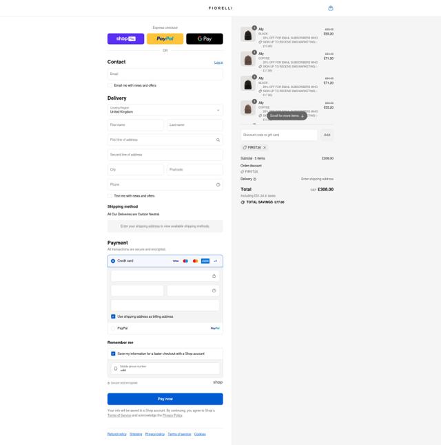 Fiorelli checkout page showing Fiorelli discount code box | Screenshot taken by SimplyCodes community member on Aug 27, 2025