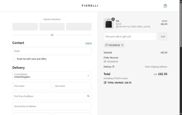 Fiorelli checkout page showing Fiorelli discount code box | Screenshot taken by SimplyCodes community member on Aug 25, 2025