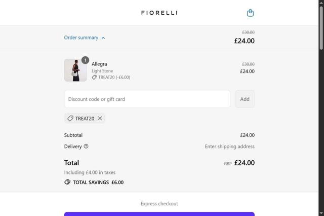 Fiorelli checkout page showing Fiorelli discount code box | Screenshot taken by SimplyCodes community member on Jul 31, 2025