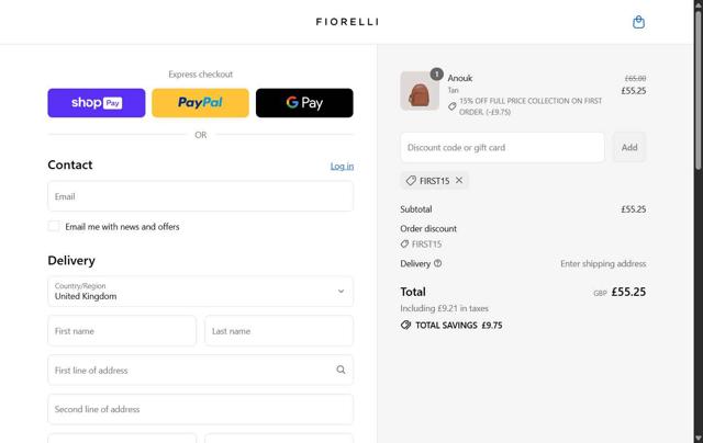 Fiorelli checkout page showing Fiorelli discount code box | Screenshot taken by SimplyCodes community member on Aug 19, 2025