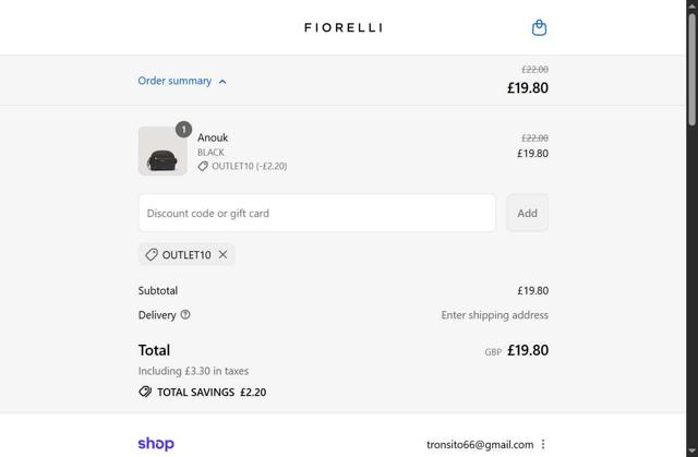 Fiorelli checkout page showing Fiorelli discount code box | Screenshot taken by SimplyCodes community member on Sep 9, 2025