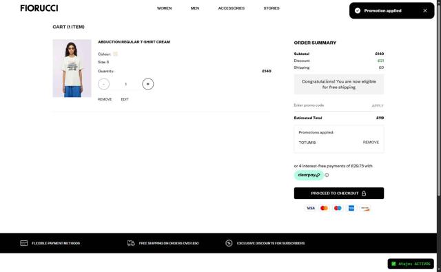 Fiorucci checkout page showing Fiorucci promo code box | Screenshot taken by SimplyCodes community member on Sep 12, 2025