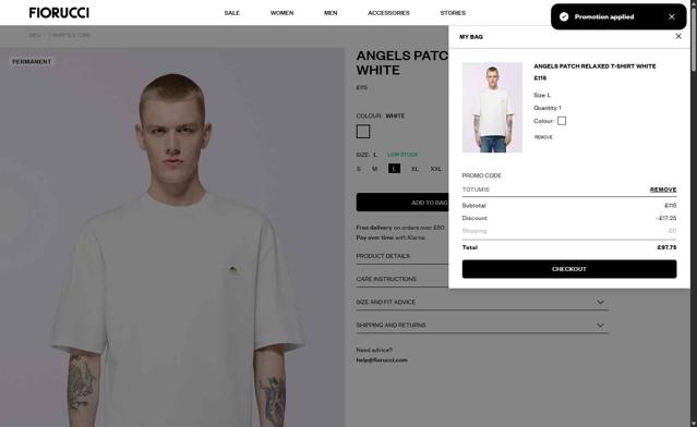 Fiorucci checkout page showing Fiorucci promo code box | Screenshot taken by SimplyCodes community member on Jul 26, 2025
