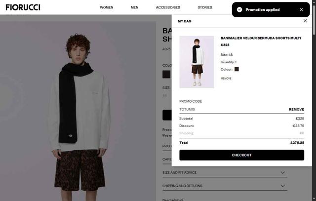 Fiorucci checkout page showing Fiorucci promo code box | Screenshot taken by SimplyCodes community member on Aug 14, 2025