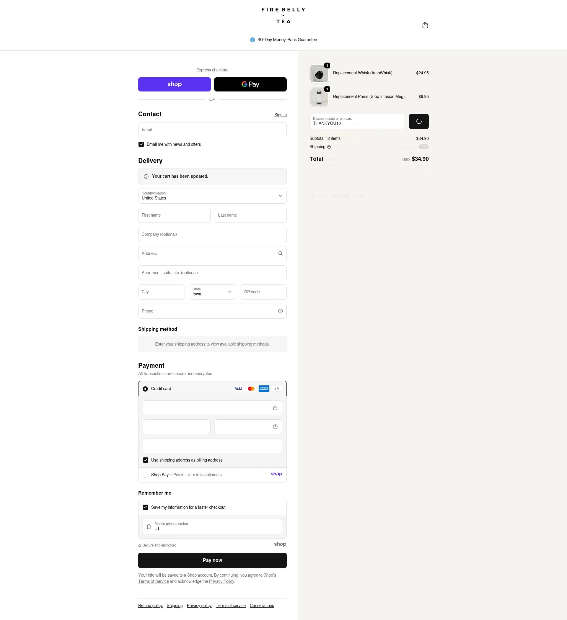Firebelly Tea checkout page showing Firebelly Tea discount code box | Screenshot taken by SimplyCodes community member on Dec 24, 2025