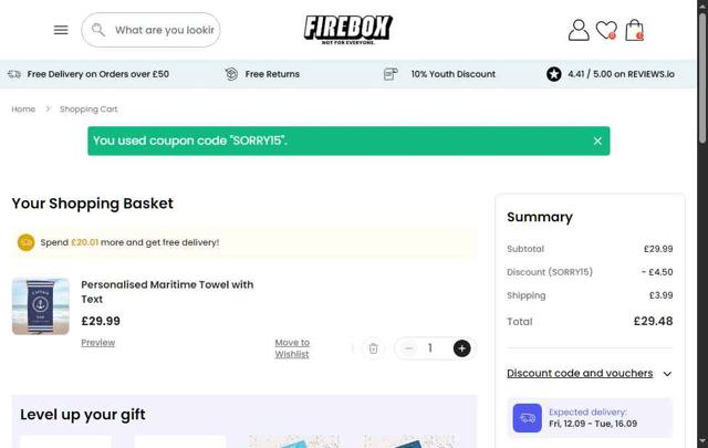 Firebox checkout page showing Firebox discount code box | Screenshot taken by SimplyCodes community member on Sep 5, 2025