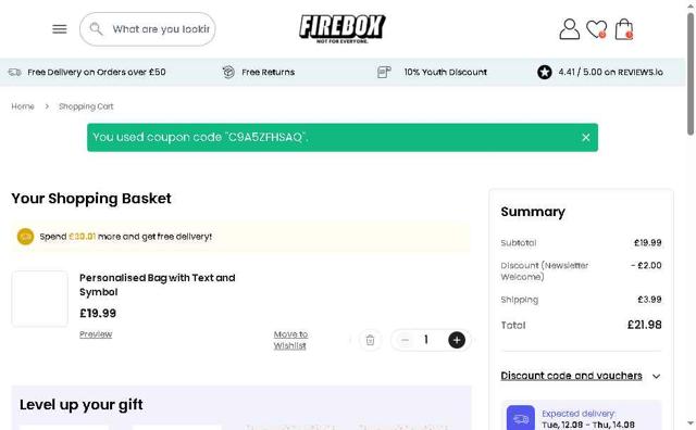 Firebox checkout page showing Firebox discount code box | Screenshot taken by SimplyCodes community member on Aug 5, 2025