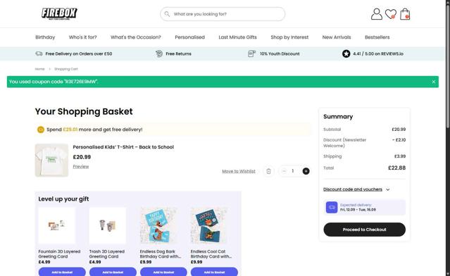 Firebox checkout page showing Firebox discount code box | Screenshot taken by SimplyCodes community member on Sep 4, 2025