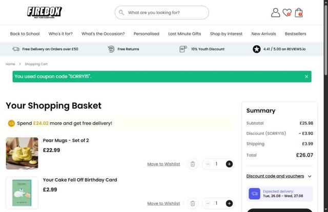 Firebox checkout page showing Firebox discount code box | Screenshot taken by SimplyCodes community member on Aug 25, 2025