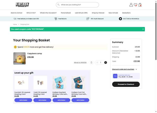 Firebox checkout page showing Firebox discount code box | Screenshot taken by SimplyCodes community member on Aug 26, 2025