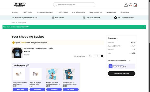 Firebox checkout page showing Firebox discount code box | Screenshot taken by SimplyCodes community member on Aug 12, 2025