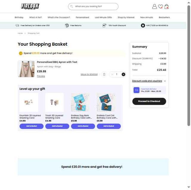 Firebox checkout page showing Firebox discount code box | Screenshot taken by SimplyCodes community member on Aug 14, 2025