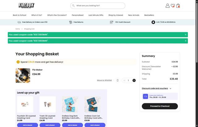Firebox checkout page showing Firebox discount code box | Screenshot taken by SimplyCodes community member on Aug 26, 2025