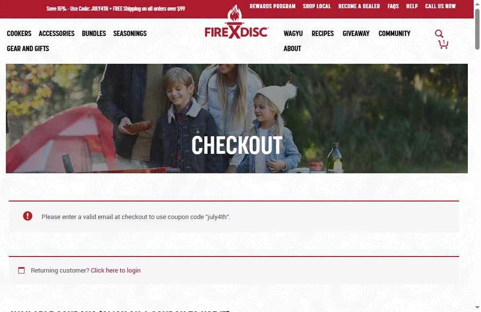 FIREDISC Cookers checkout page showing FIREDISC Cookers promo code box | Screenshot taken by SimplyCodes community member on Jun 30, 2025