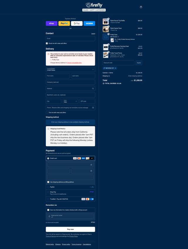 Firefly Recovery checkout page showing Firefly Recovery discount code box | Screenshot taken by SimplyCodes community member on Sep 8, 2025