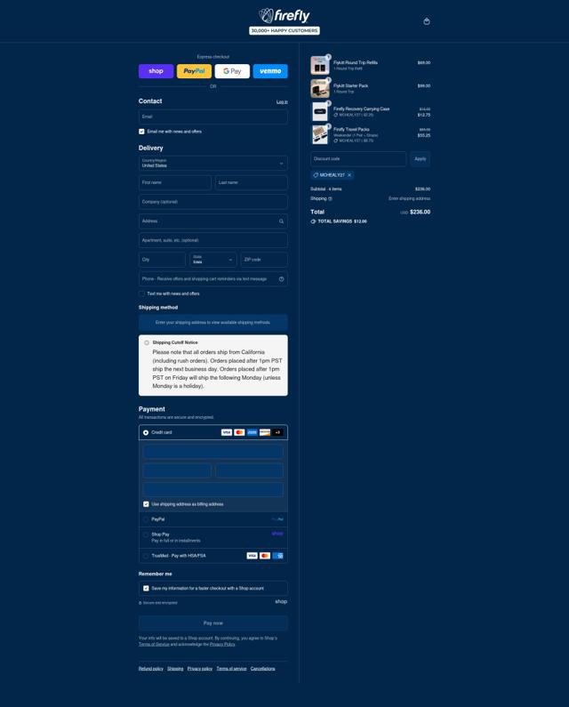 Firefly Recovery checkout page showing Firefly Recovery discount code box | Screenshot taken by SimplyCodes community member on Sep 4, 2025