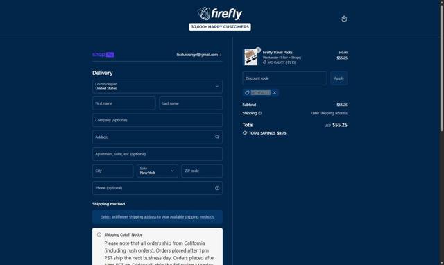 Firefly Recovery checkout page showing Firefly Recovery discount code box | Screenshot taken by SimplyCodes community member on Aug 27, 2025