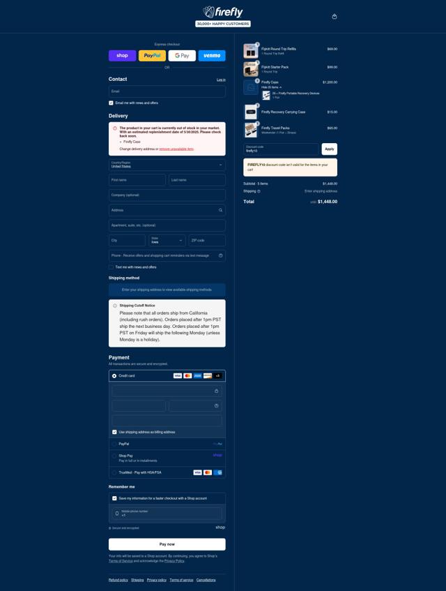 Firefly Recovery checkout page showing Firefly Recovery discount code box | Screenshot taken by SimplyCodes community member on Sep 8, 2025