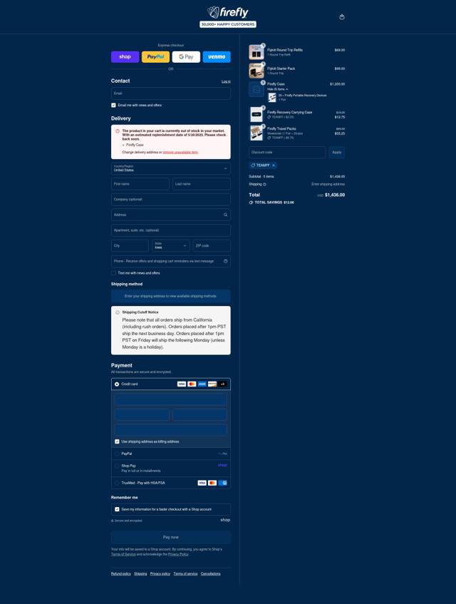 Firefly Recovery checkout page showing Firefly Recovery discount code box | Screenshot taken by SimplyCodes community member on Sep 8, 2025