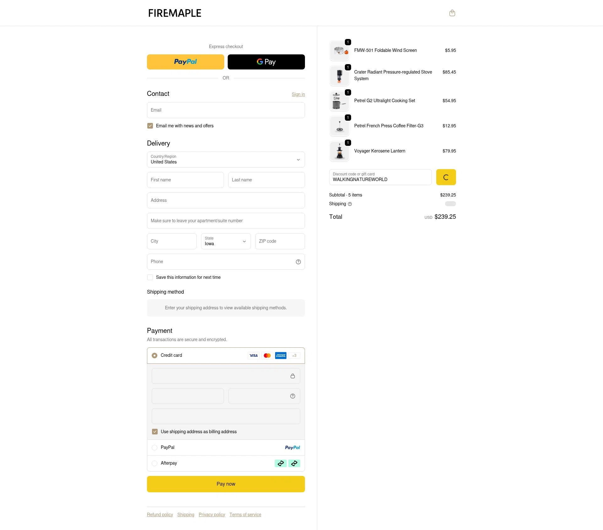 Fire Maple checkout page showing Fire Maple discount code box | Screenshot taken by SimplyCodes community member on Jan 8, 2026