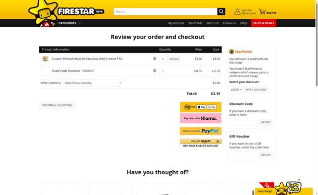 FireStar Toys checkout page showing FireStar Toys discount code box | Screenshot taken by SimplyCodes community member on Aug 6, 2025