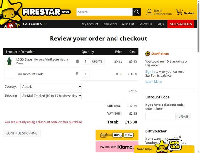 FireStar Toys checkout page showing FireStar Toys discount code box | Screenshot taken by SimplyCodes community member on Aug 6, 2025