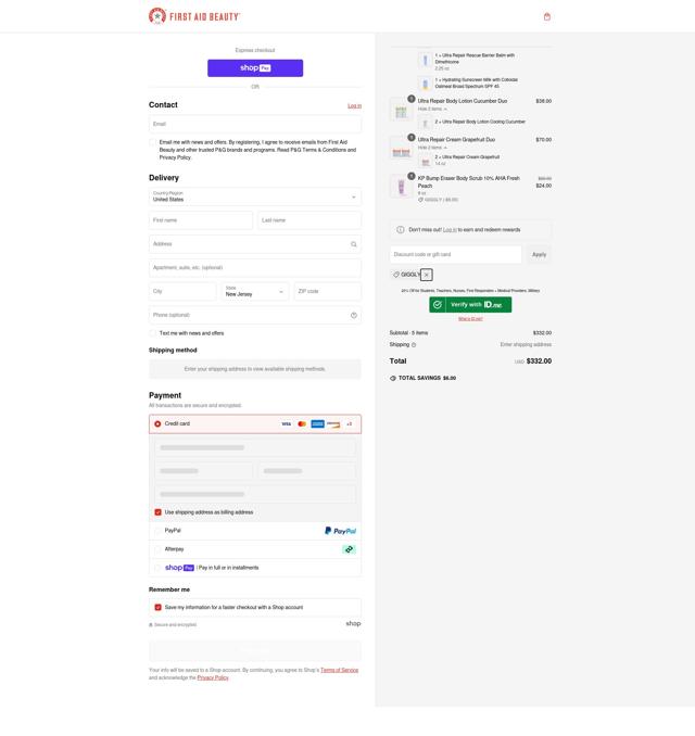 First Aid Beauty checkout page showing First Aid Beauty promo code box | Screenshot taken by SimplyCodes community member on Feb 21, 2025