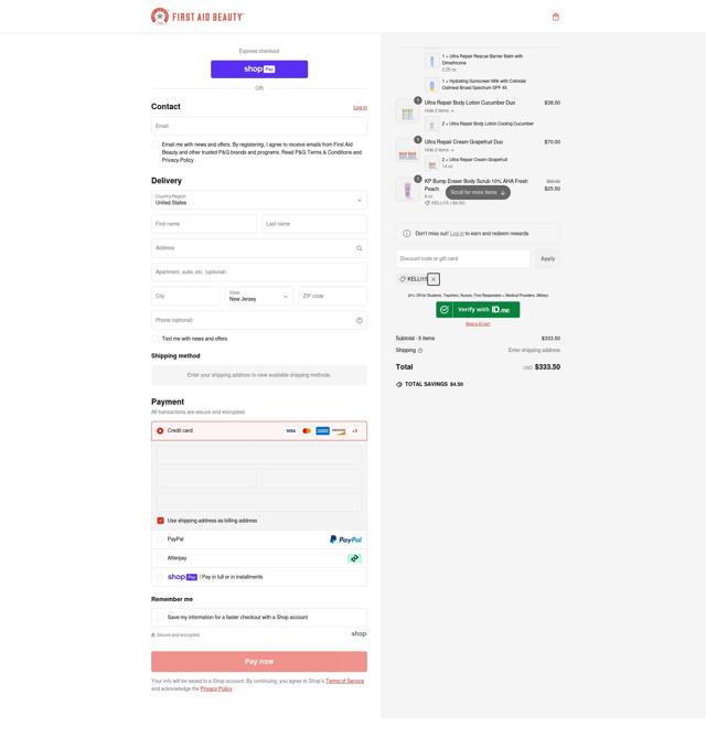 First Aid Beauty checkout page showing First Aid Beauty promo code box | Screenshot taken by SimplyCodes community member on Feb 21, 2025