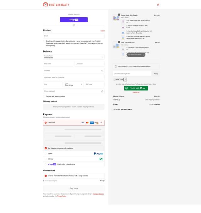 First Aid Beauty checkout page showing First Aid Beauty promo code box | Screenshot taken by SimplyCodes community member on Feb 21, 2025