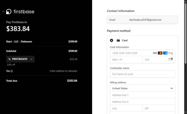 Firstbase.io, Inc. checkout page showing Firstbase.io, Inc. promo code box | Screenshot taken by SimplyCodes community member on Jun 12, 2025